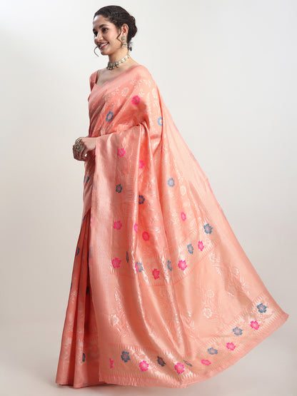 Janasya Peach Silk Blend Floral Jacquard Saree - Distacart