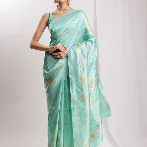 Janasya Sea Green Silk Blend Floral Jacquard Saree - Distacart