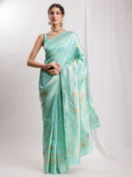 Thumbnail for Janasya Sea Green Silk Blend Floral Jacquard Saree