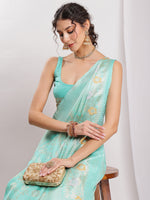 Thumbnail for Janasya Sea Green Silk Blend Floral Jacquard Saree
