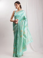 Thumbnail for Janasya Sea Green Silk Blend Floral Jacquard Saree