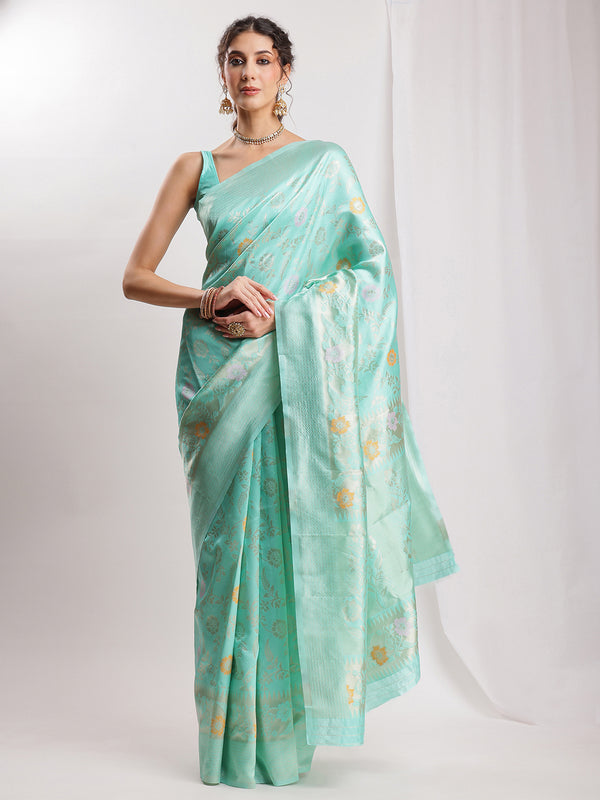 Janasya Sea Green Silk Blend Floral Jacquard Saree