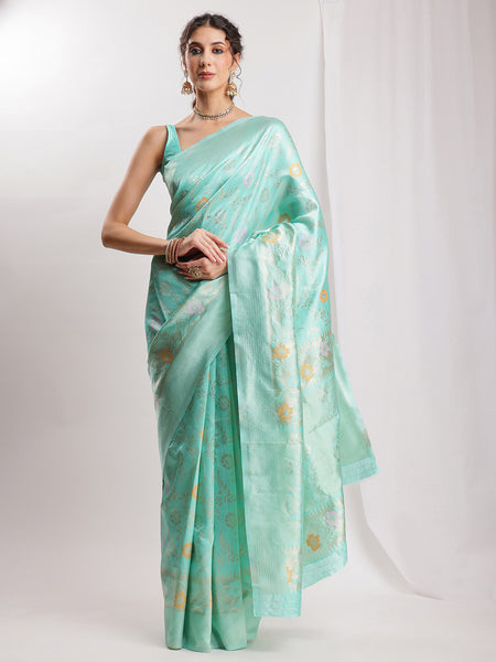 Janasya Sea Green Silk Blend Floral Jacquard Saree