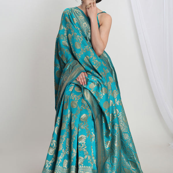 Janasya Teal Blue Silk Blend Floral Jacquard Saree - Distacart