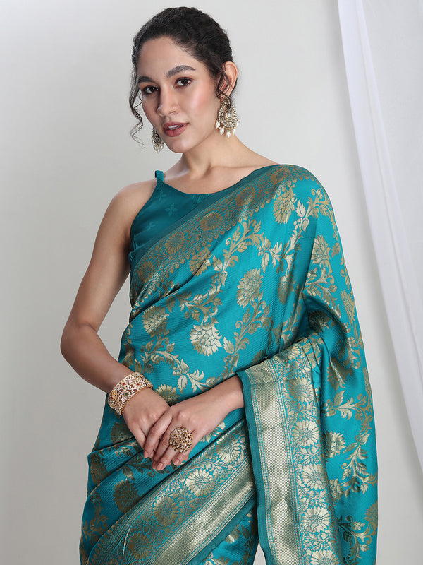 Janasya Teal Blue Silk Blend Floral Jacquard Saree