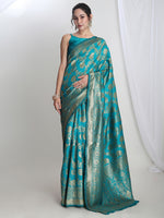 Thumbnail for Janasya Teal Blue Silk Blend Floral Jacquard Saree