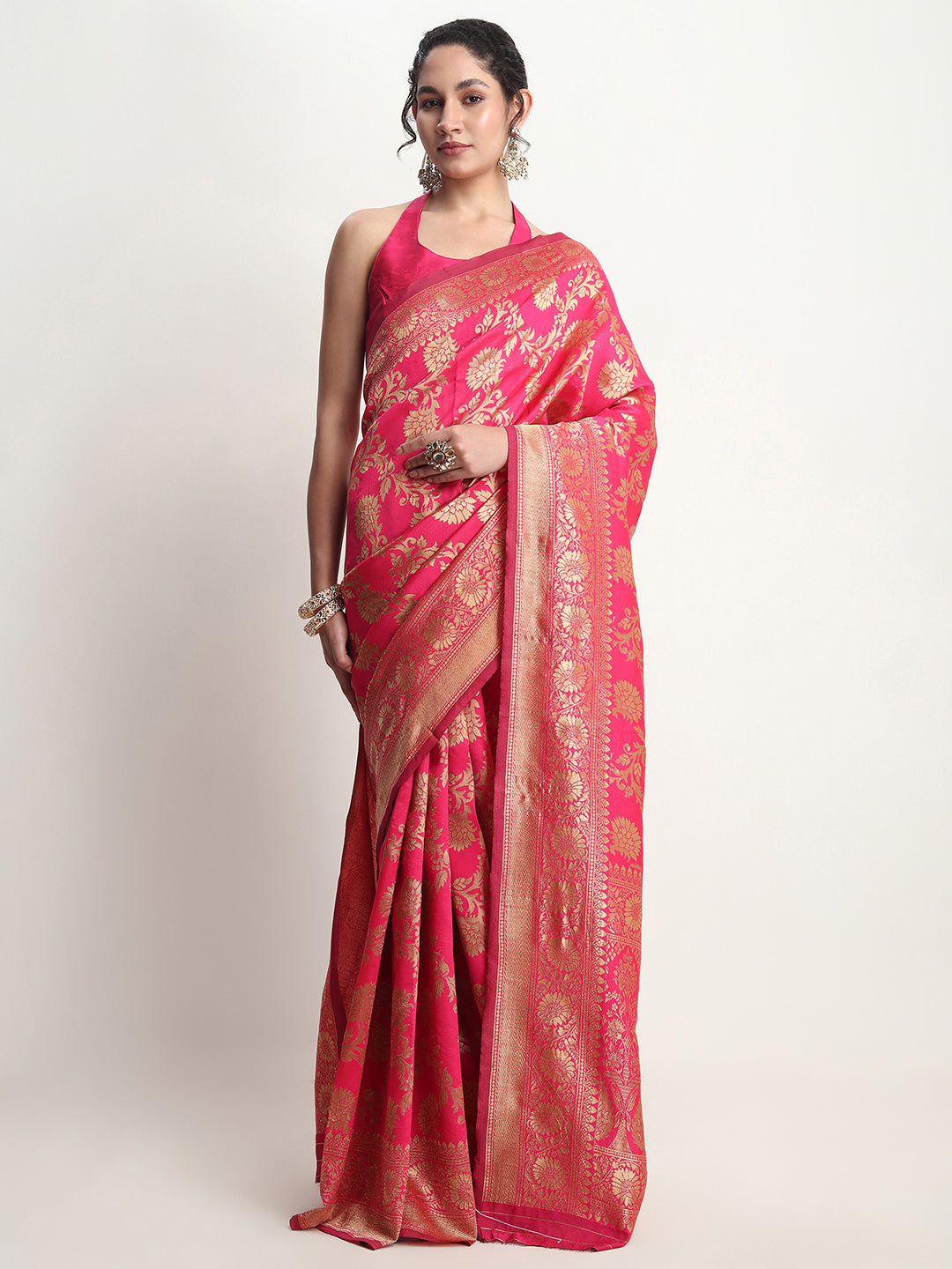 Janasya Pink Silk Blend Floral Jacquard Saree
