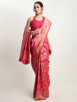 Thumbnail for Janasya Pink Silk Blend Floral Jacquard Saree