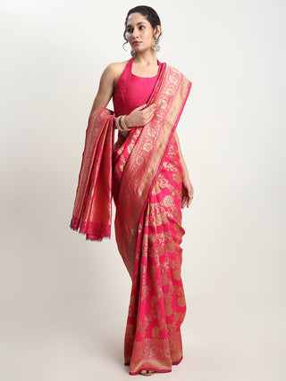 Janasya Pink Silk Blend Floral Jacquard Saree