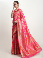 Thumbnail for Janasya Pink Silk Blend Floral Jacquard Saree