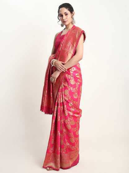 Janasya Pink Silk Blend Floral Jacquard Saree - Distacart