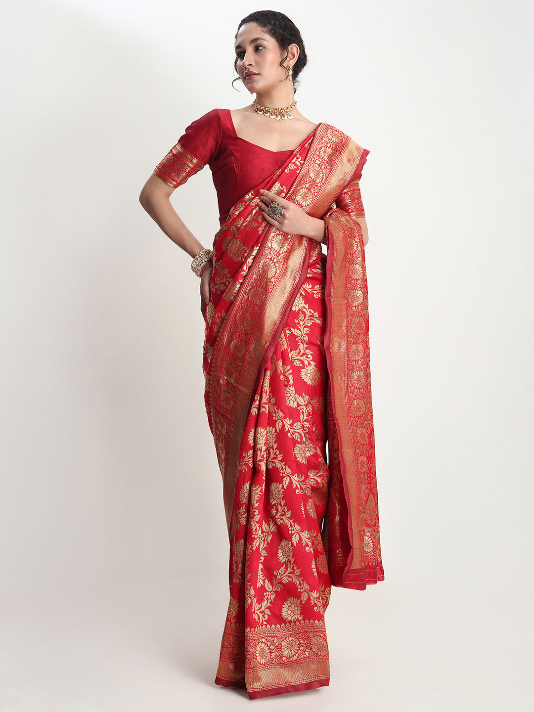 Janasya Red Silk Blend Floral Jacquard Saree