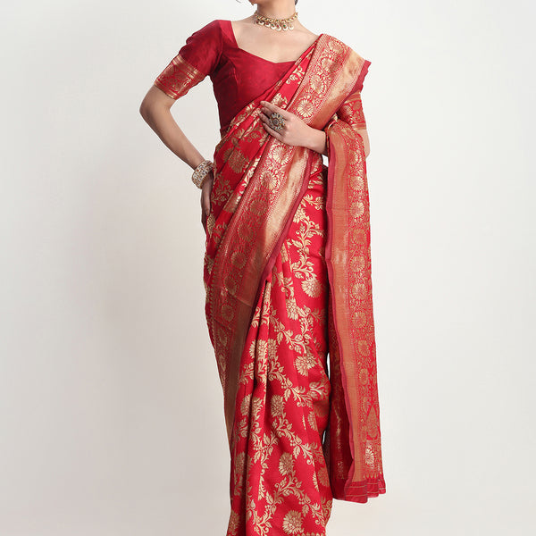 Janasya Red Silk Blend Floral Jacquard Saree