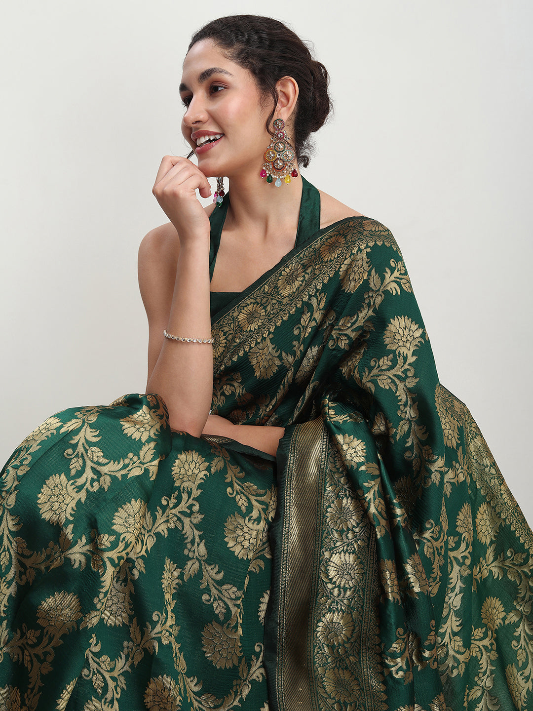 Janasya Dark Green Silk Blend Floral Jacquard Saree