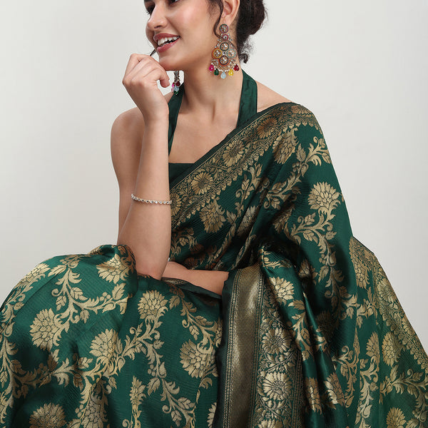 Janasya Dark Green Silk Blend Floral Jacquard Saree