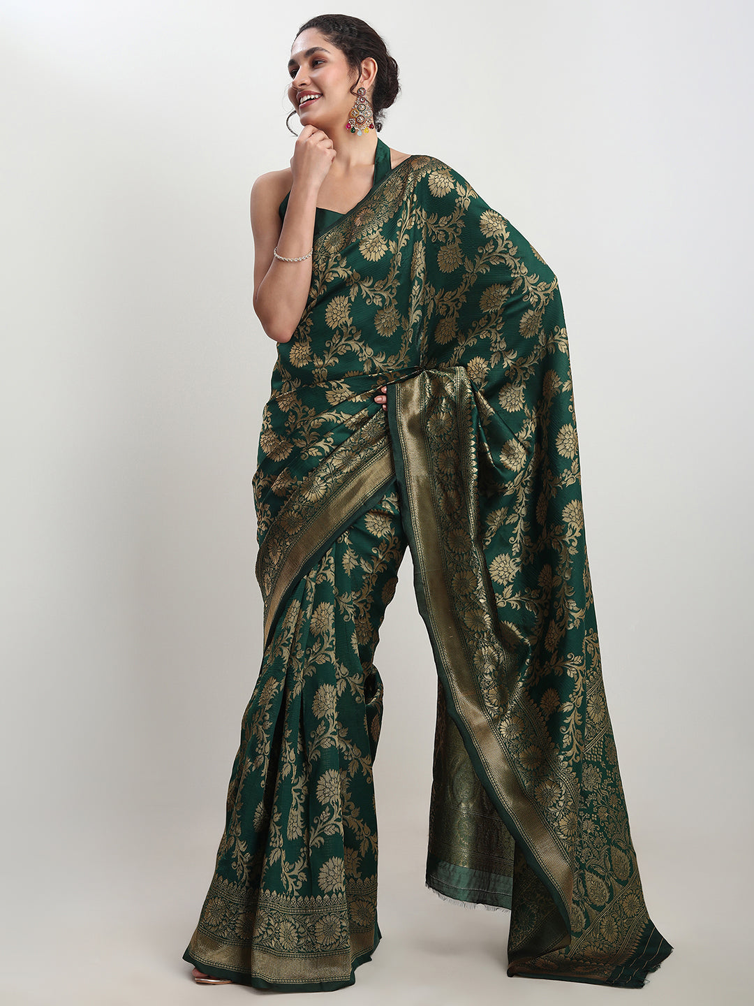Janasya Dark Green Silk Blend Floral Jacquard Saree