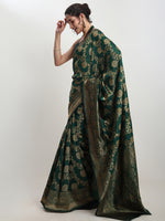 Thumbnail for Janasya Dark Green Silk Blend Floral Jacquard Saree