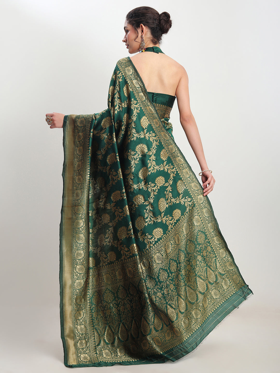 Janasya Dark Green Silk Blend Floral Jacquard Saree