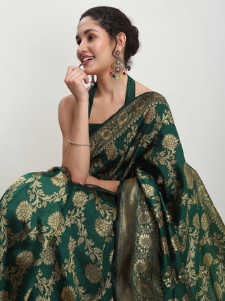 Janasya Dark Green Silk Blend Floral Jacquard Saree