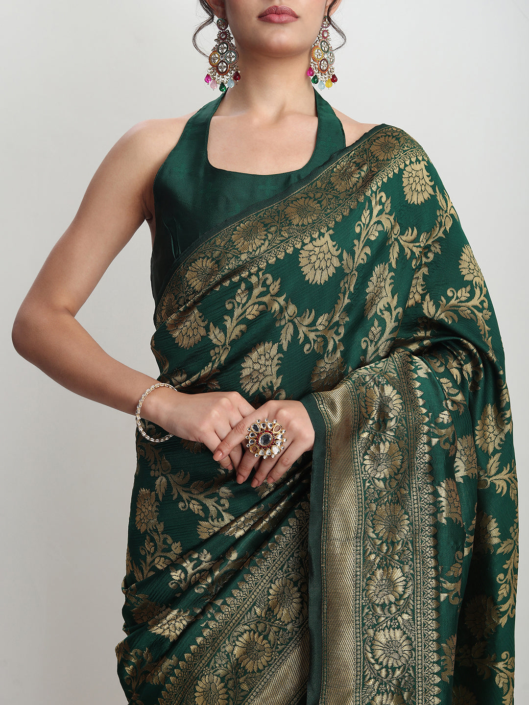 Janasya Dark Green Silk Blend Floral Jacquard Saree