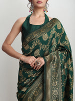 Thumbnail for Janasya Dark Green Silk Blend Floral Jacquard Saree