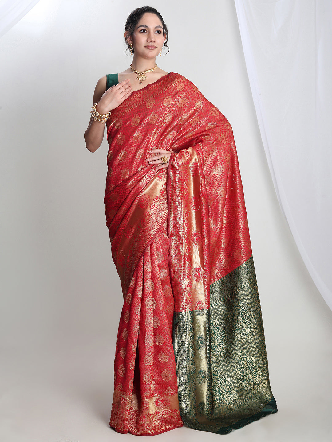 Janasya Red Silk Blend Ethnic Motifs Jacquard Saree