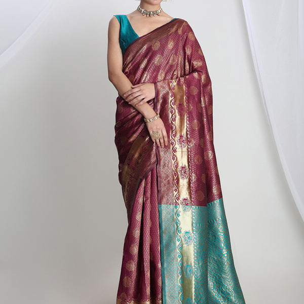 Janasya Purple Silk Blend Ethnic Motifs Jacquard Saree