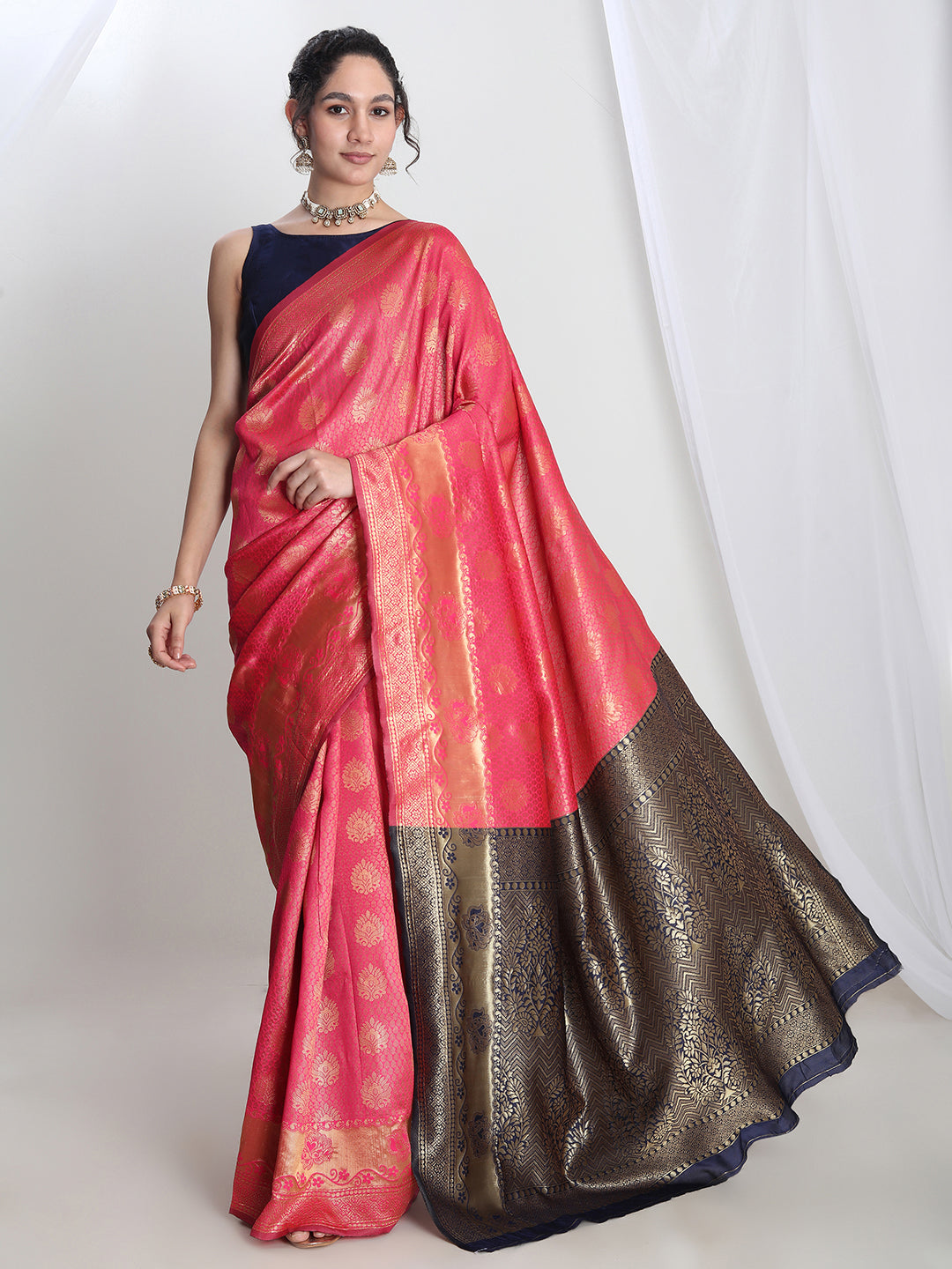 Janasya Pink Silk Blend Ethnic Motifs Jacquard Saree