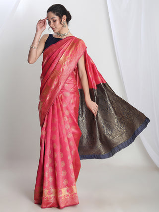 Janasya Pink Silk Blend Ethnic Motifs Jacquard Saree