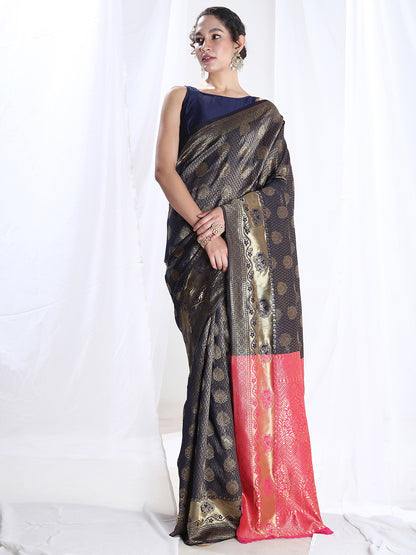 Janasya Navy Blue Silk Blend Ethnic Motifs Jacquard Saree - Distacart