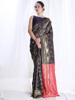 Thumbnail for Janasya Navy Blue Silk Blend Ethnic Motifs Jacquard Saree
