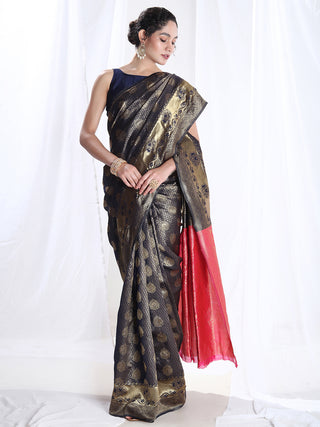 Janasya Navy Blue Silk Blend Ethnic Motifs Jacquard Saree