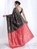 Thumbnail for Janasya Navy Blue Silk Blend Ethnic Motifs Jacquard Saree
