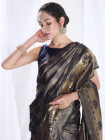 Thumbnail for Janasya Navy Blue Silk Blend Ethnic Motifs Jacquard Saree