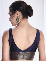 Thumbnail for Janasya Navy Blue Silk Blend Ethnic Motifs Jacquard Saree
