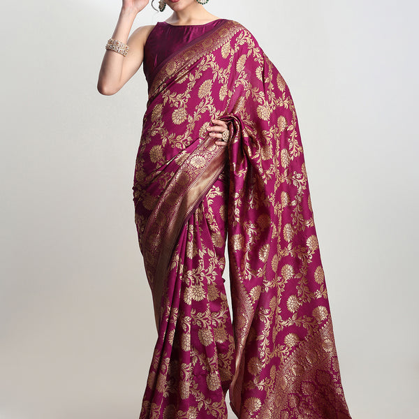 Janasya Purple Silk Blend Floral Jacquard Saree