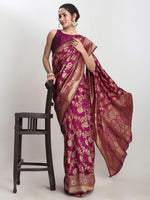 Thumbnail for Janasya Purple Silk Blend Floral Jacquard Saree