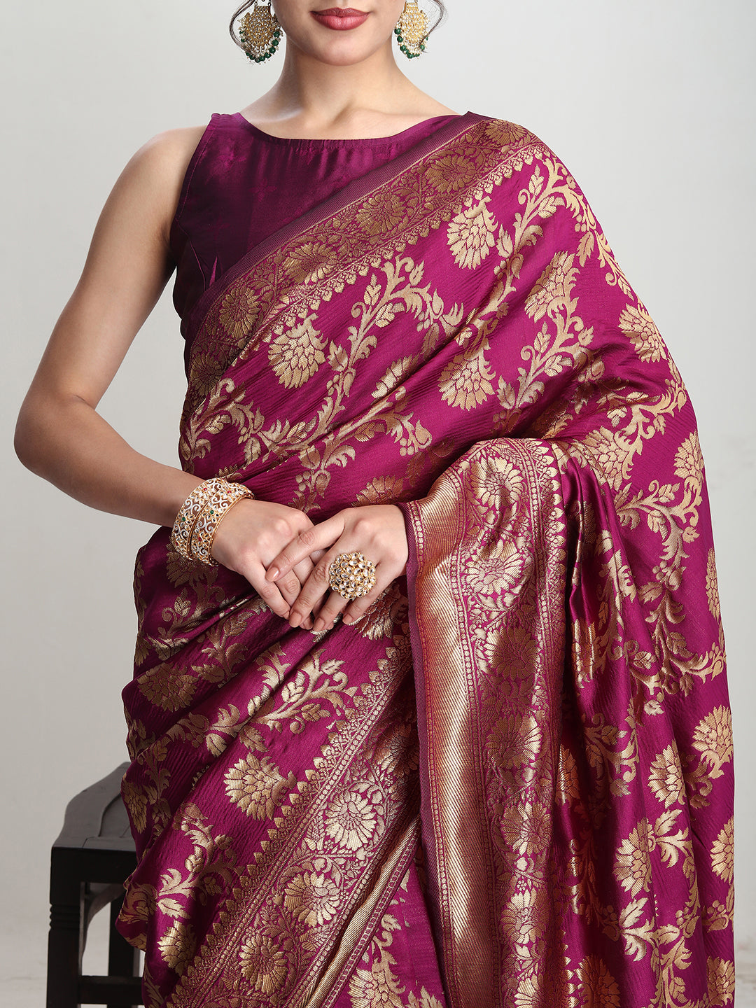 Janasya Purple Silk Blend Floral Jacquard Saree