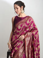 Thumbnail for Janasya Purple Silk Blend Floral Jacquard Saree