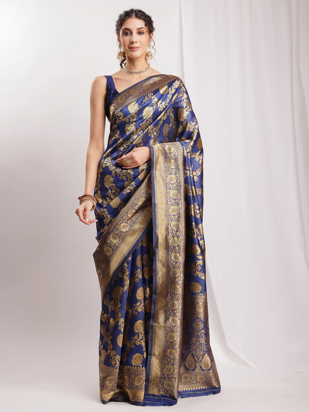 Janasya Navy Blue Silk Blend Floral Jacquard Saree