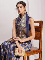 Thumbnail for Janasya Navy Blue Silk Blend Floral Jacquard Saree