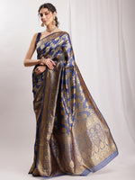 Thumbnail for Janasya Navy Blue Silk Blend Floral Jacquard Saree