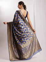 Thumbnail for Janasya Navy Blue Silk Blend Floral Jacquard Saree