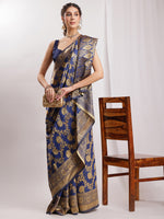 Thumbnail for Janasya Navy Blue Silk Blend Floral Jacquard Saree