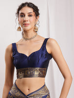 Thumbnail for Janasya Navy Blue Silk Blend Floral Jacquard Saree