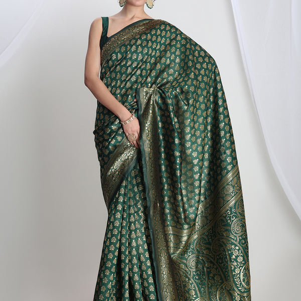Janasya Dark Green Silk Blend Floral Jacquard Saree