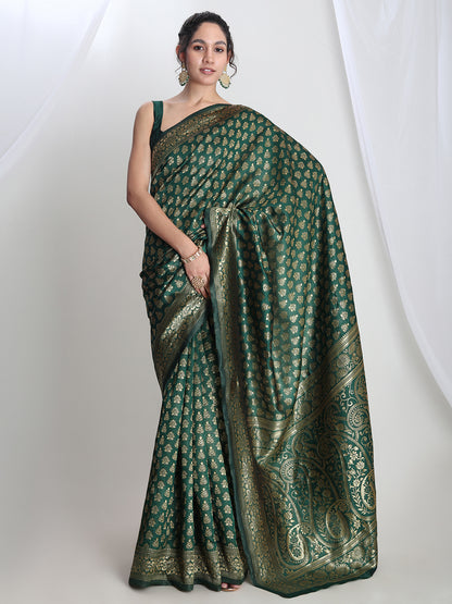 Janasya Dark Green Silk Blend Floral Jacquard Saree - Distacart
