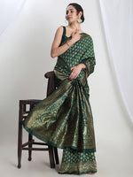 Thumbnail for Janasya Dark Green Silk Blend Floral Jacquard Saree