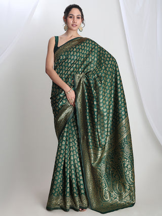 Janasya Dark Green Silk Blend Floral Jacquard Saree