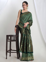 Thumbnail for Janasya Dark Green Silk Blend Floral Jacquard Saree